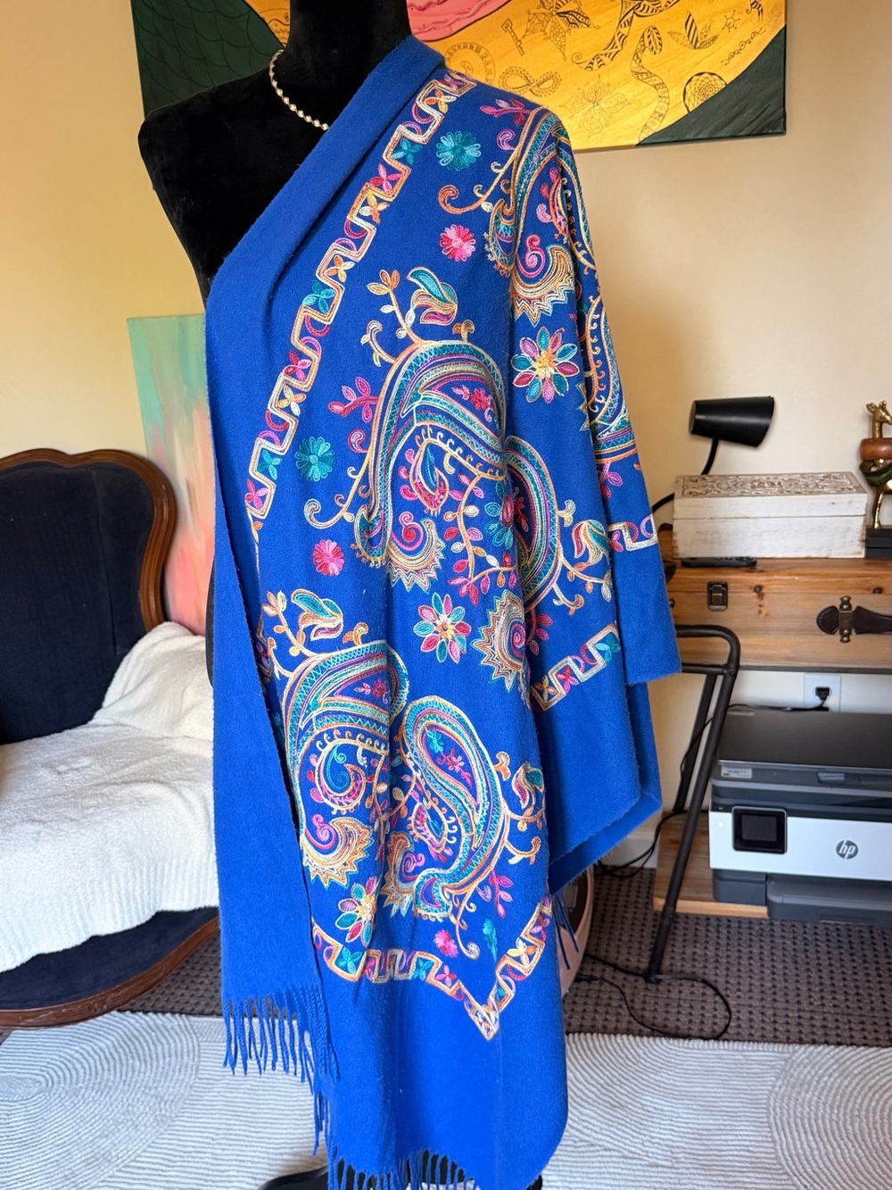 Blue Russian style Paisley Embroidered Throw Shawl